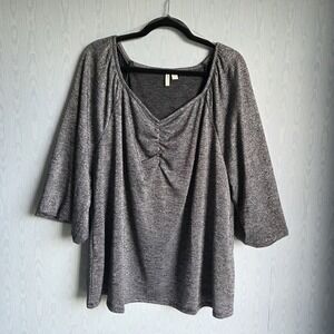 Cato 22 24W Silver Metallic Ruched Heathered Knit Top 3/4 Balloon Sleeve